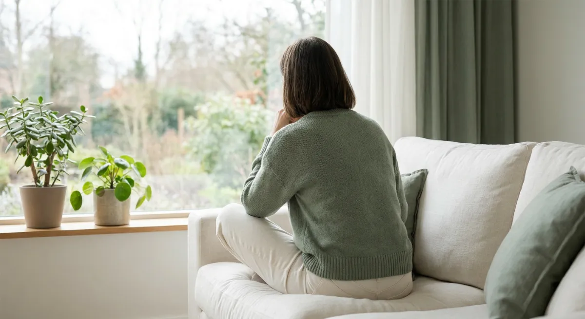 Persona sentada en un sofá mirando hacia una ventana, representando la introspección y búsqueda de apoyo emocional.