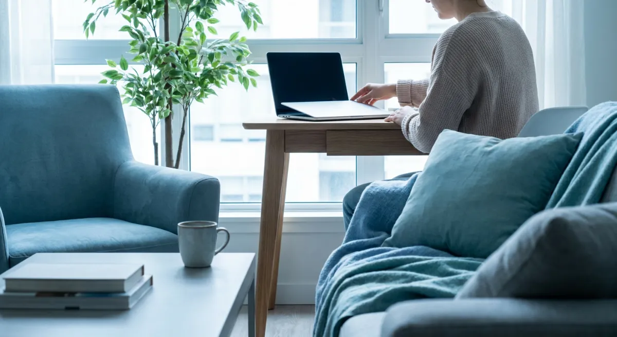 Persona cerrando su laptop al terminar el día para descansar en casa con tranquilidad.