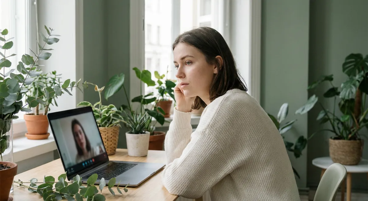 Mujer joven mirando pensativa una computadora durante una videollamada, representando soledad en relación a distancia.