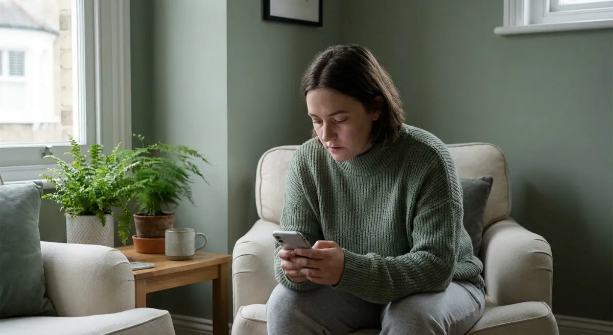 Persona revisando celular con ansiedad frente a perfiles de redes sociales en una habitación oscura