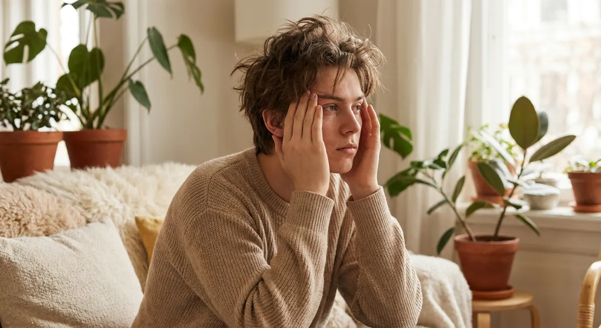 Persona joven con expresión de frustración y manos en la cabeza representando el descontrol emocional obstructivo