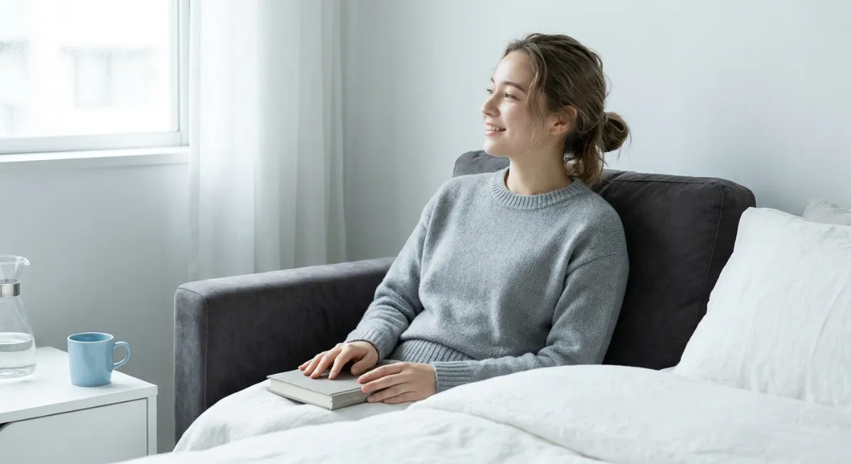 Persona sentada en la cama con gesto de tranquilidad tras recibir tratamiento del insomnio efectivo