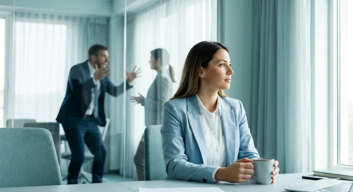 Persona profesional en una oficina manteniendo la calma frente a un jefe difícil gritando de fondo