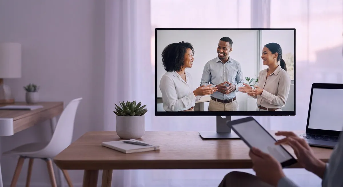 Tres profesionales colaborando en una videollamada sonriendo para fortalecer su conexión laboral remota.