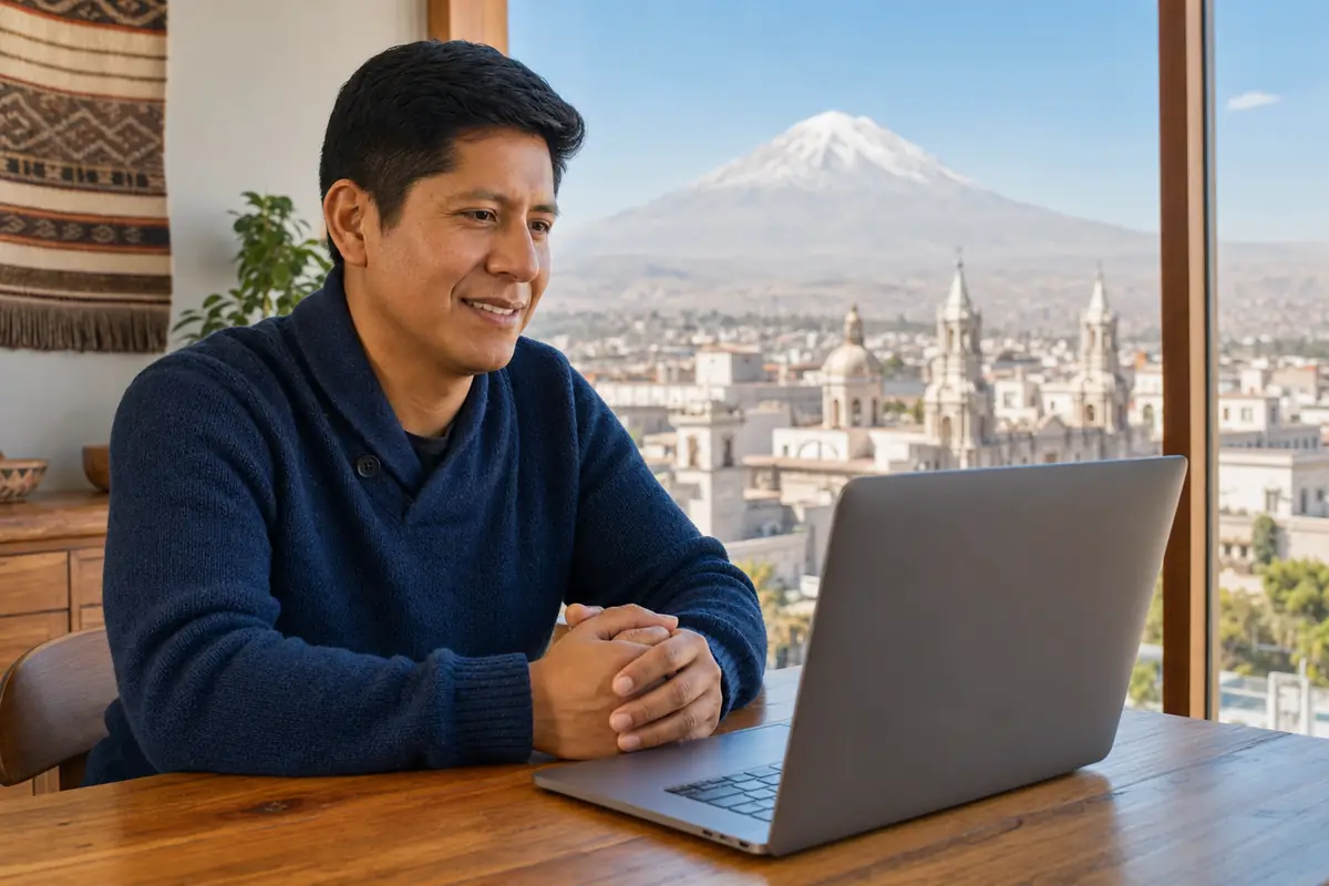 Persona en una sesión de terapia online desde su casa en Arequipa
