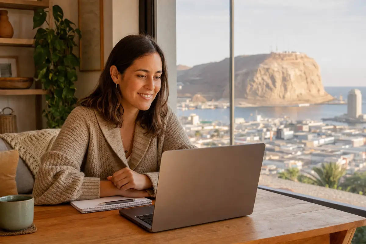 Persona en una sesión de terapia online desde su casa en Arica