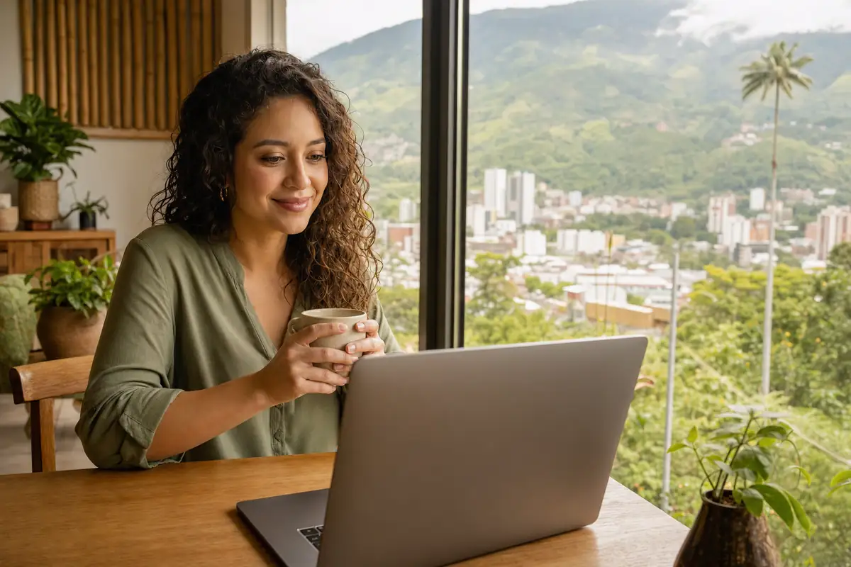 Persona en una sesión de terapia virtual desde su casa en Armenia