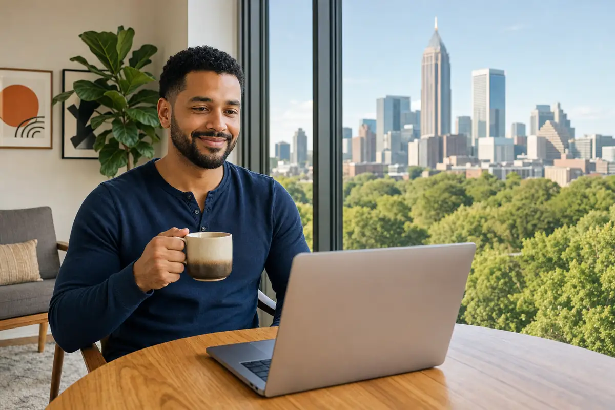 Persona en una sesión de terapia online desde su casa en Atlanta