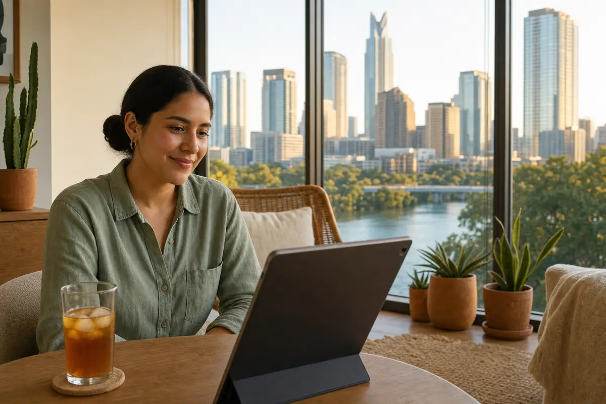 Persona en una sesión de terapia online desde su casa en Austin