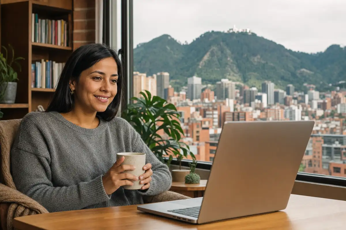 Persona en una sesión de terapia virtual desde su casa en Bogotá