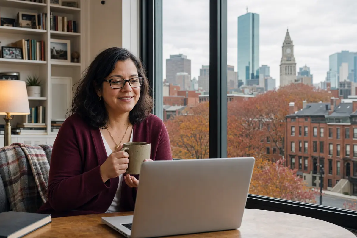 Persona en una sesión de terapia online desde su casa en Boston