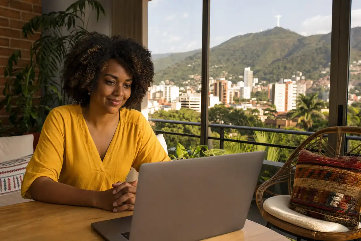 Persona en una sesión de terapia virtual desde su casa en Cali