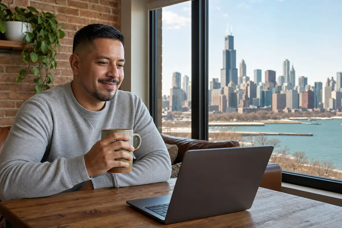 Persona en una sesión de terapia online desde su casa en Chicago