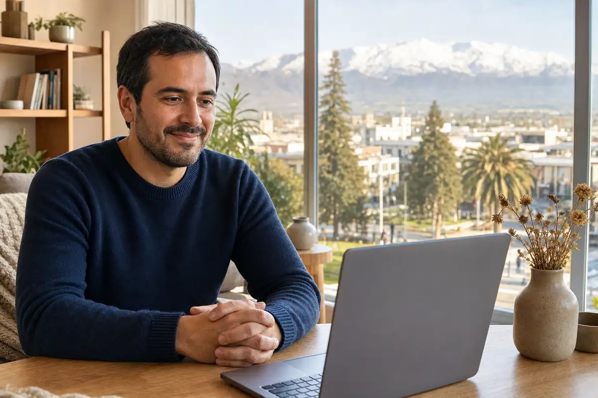 Persona en una sesión de terapia online desde su casa en Chillán