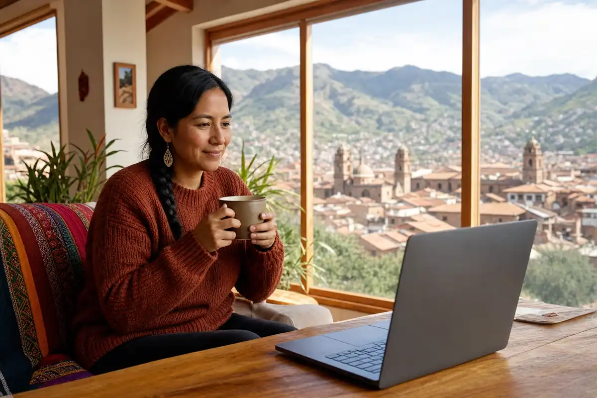 Persona en una sesión de terapia online desde su casa en Cusco