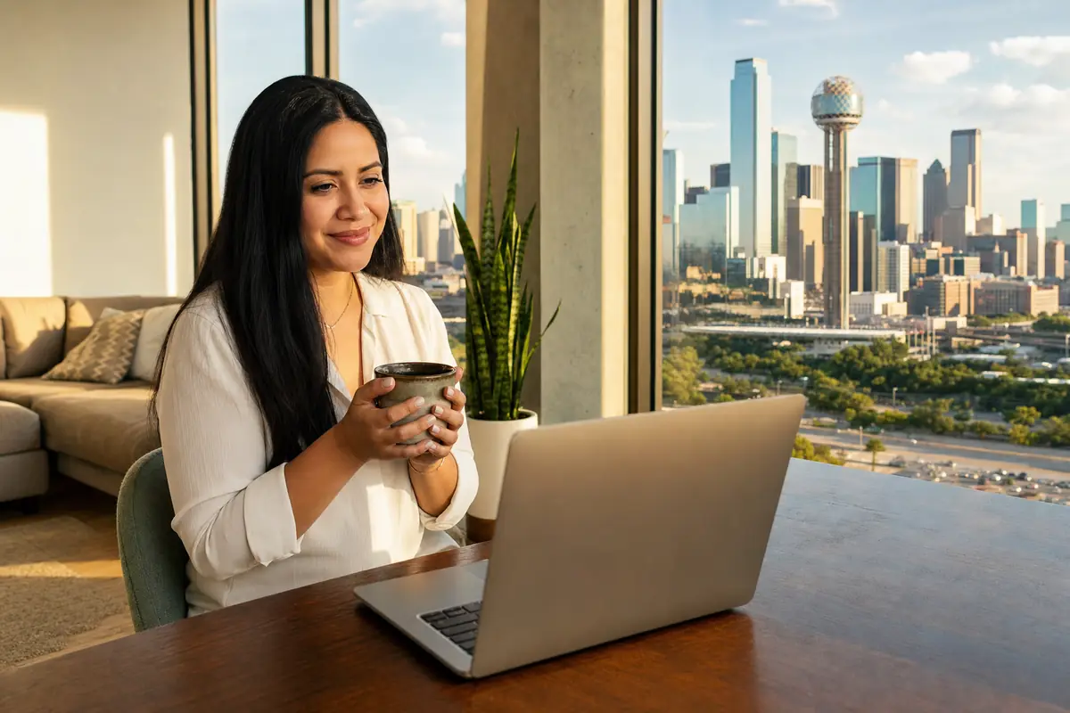 Persona en una sesión de terapia online desde su casa en Dallas