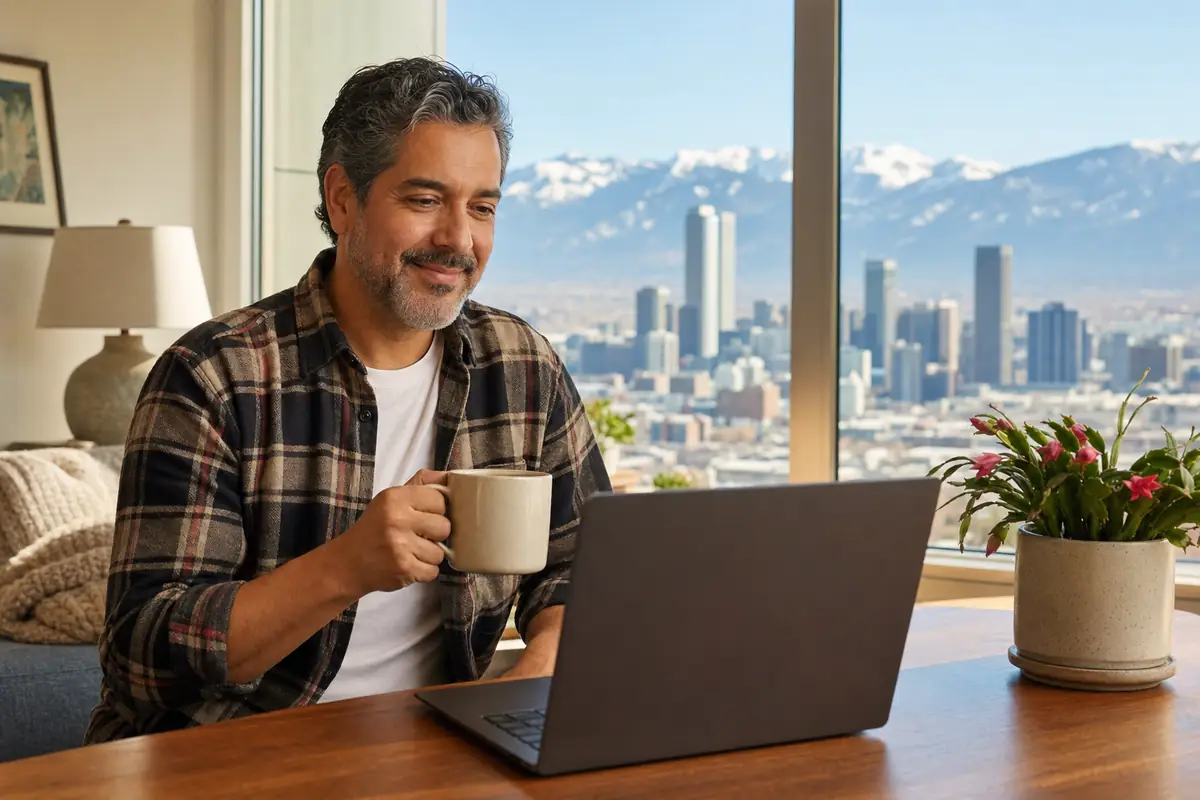 Persona en una sesión de terapia online desde su casa en Denver