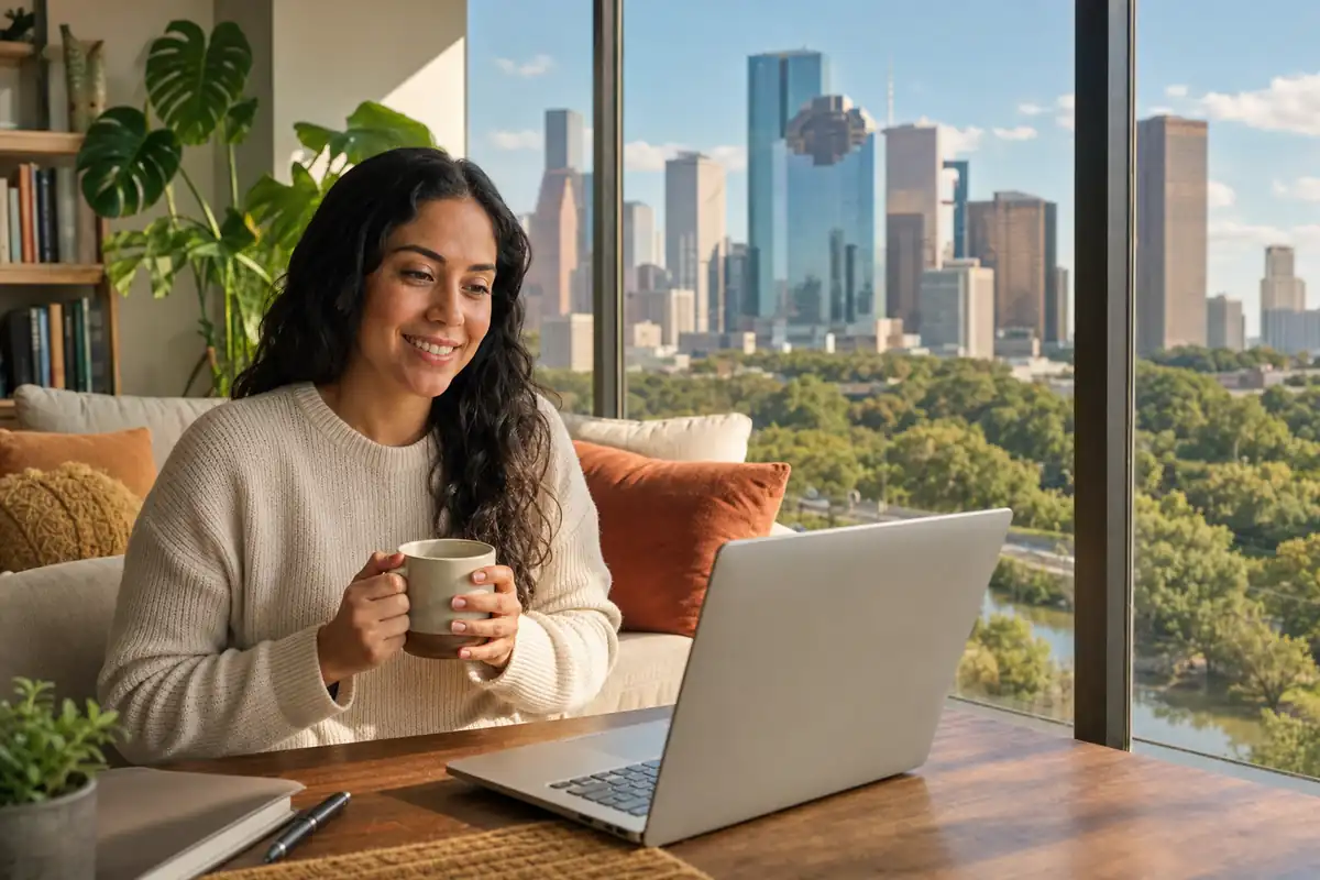 Persona en una sesión de terapia online desde su casa en Houston