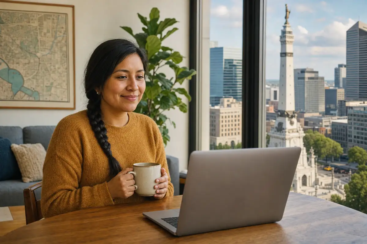 Persona en una sesión de terapia online desde su casa en Indianapolis