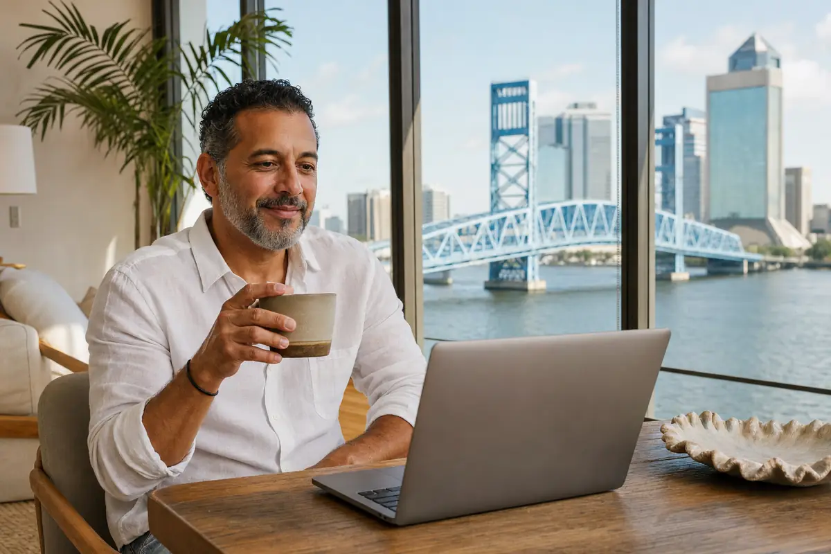 Persona en una sesión de terapia online desde su casa en Jacksonville