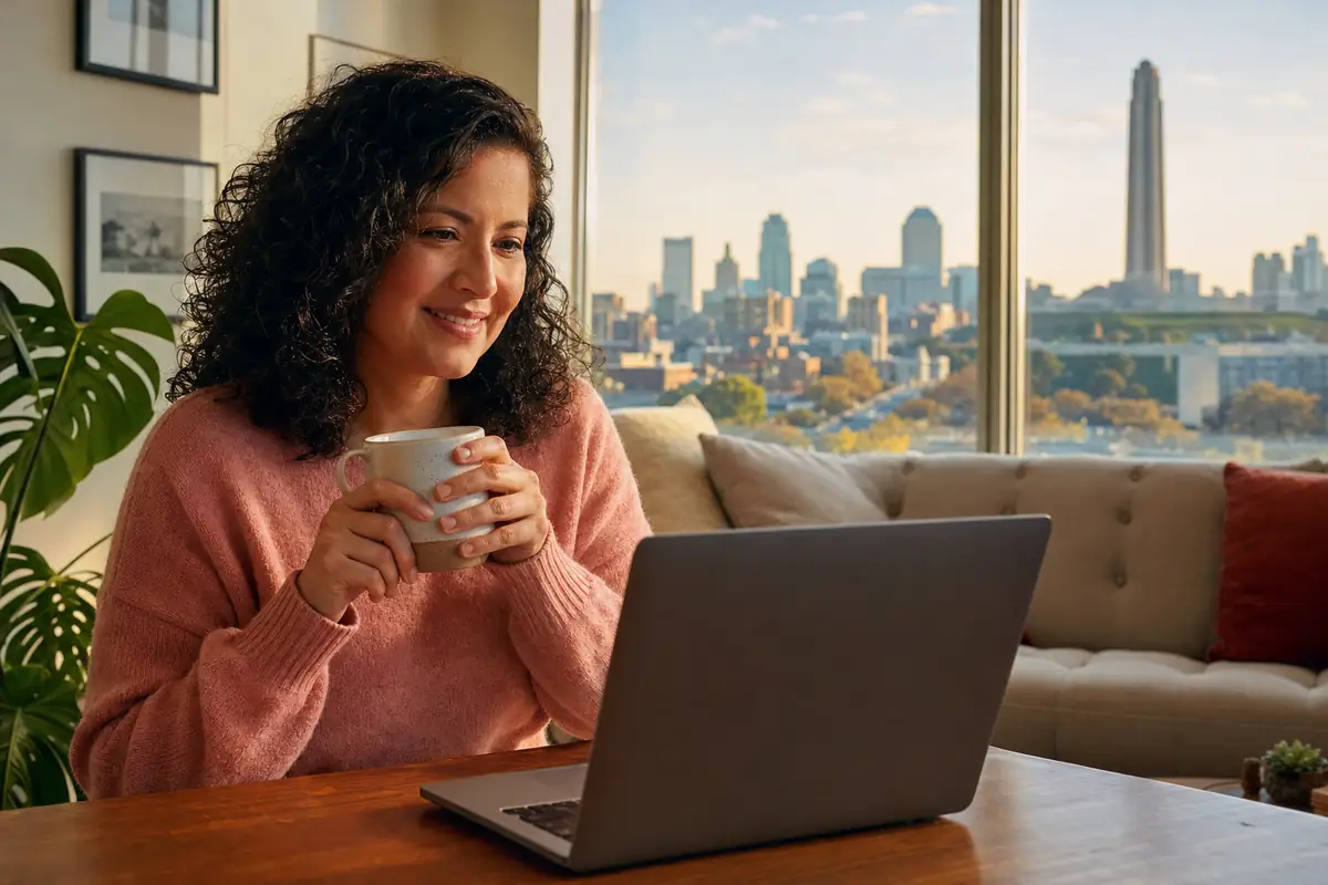 Persona en una sesión de terapia online desde su casa en Kansas City