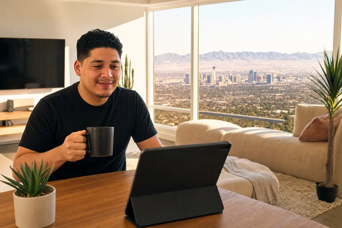 Persona en una sesión de terapia online desde su casa en Las Vegas