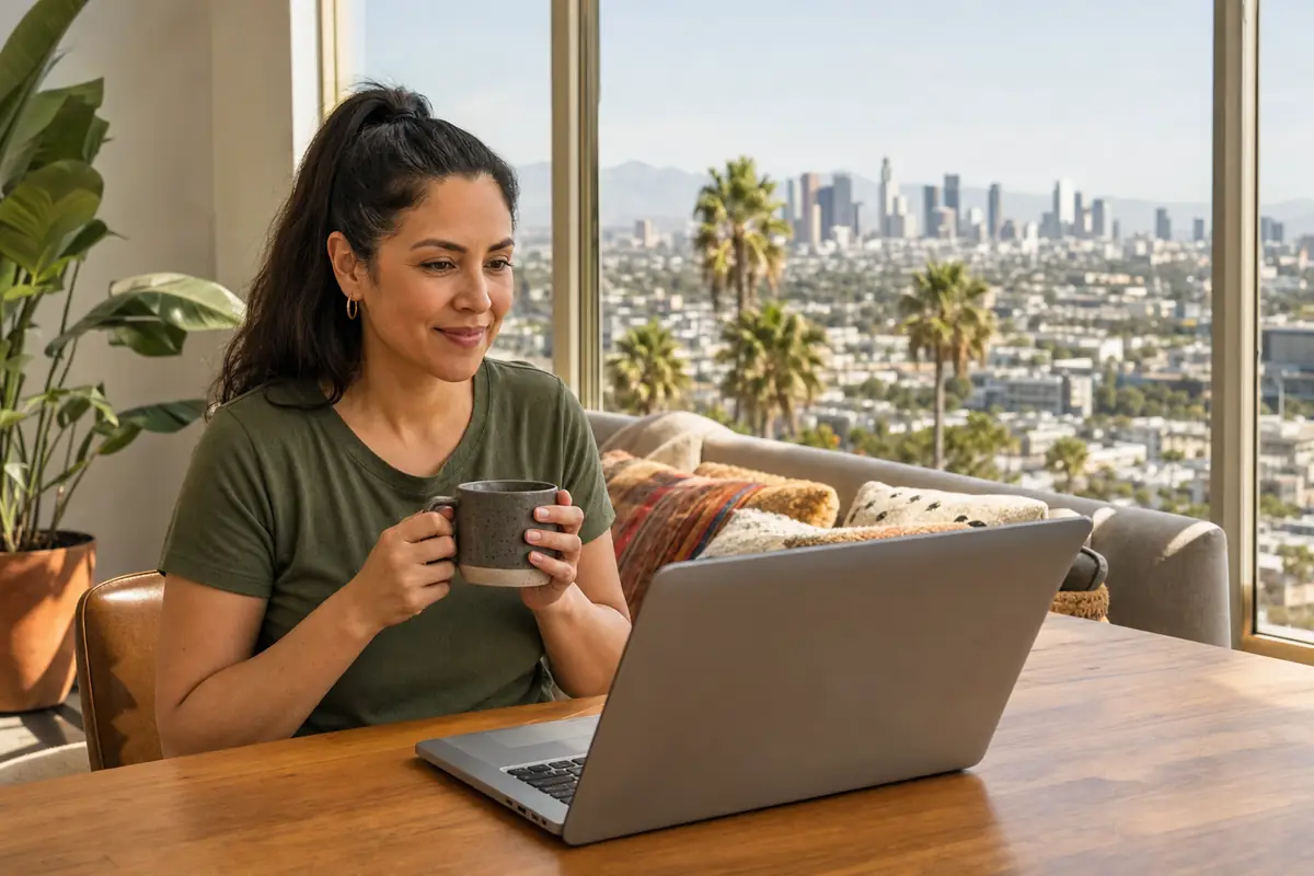 Persona en una sesión de terapia online desde su casa en Los Ángeles