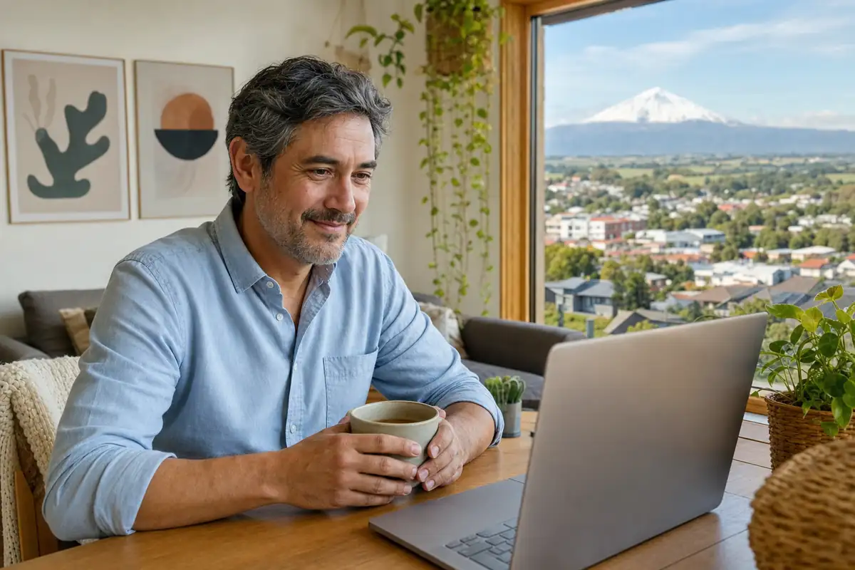 Persona en una sesión de terapia online desde su casa en Los Ángeles