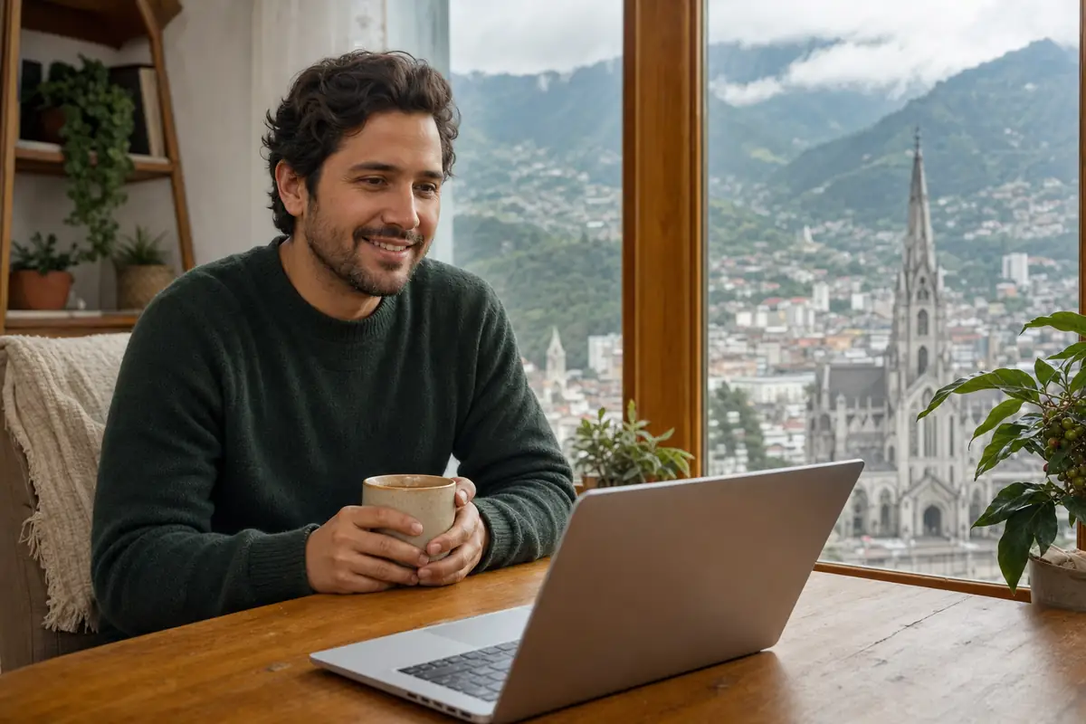 Persona en una sesión de terapia virtual desde su casa en Manizales
