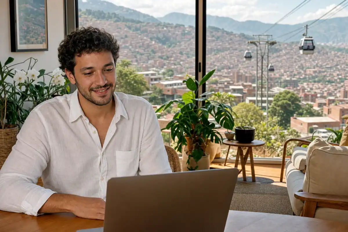 Persona en una sesión de terapia virtual desde su casa en Medellín