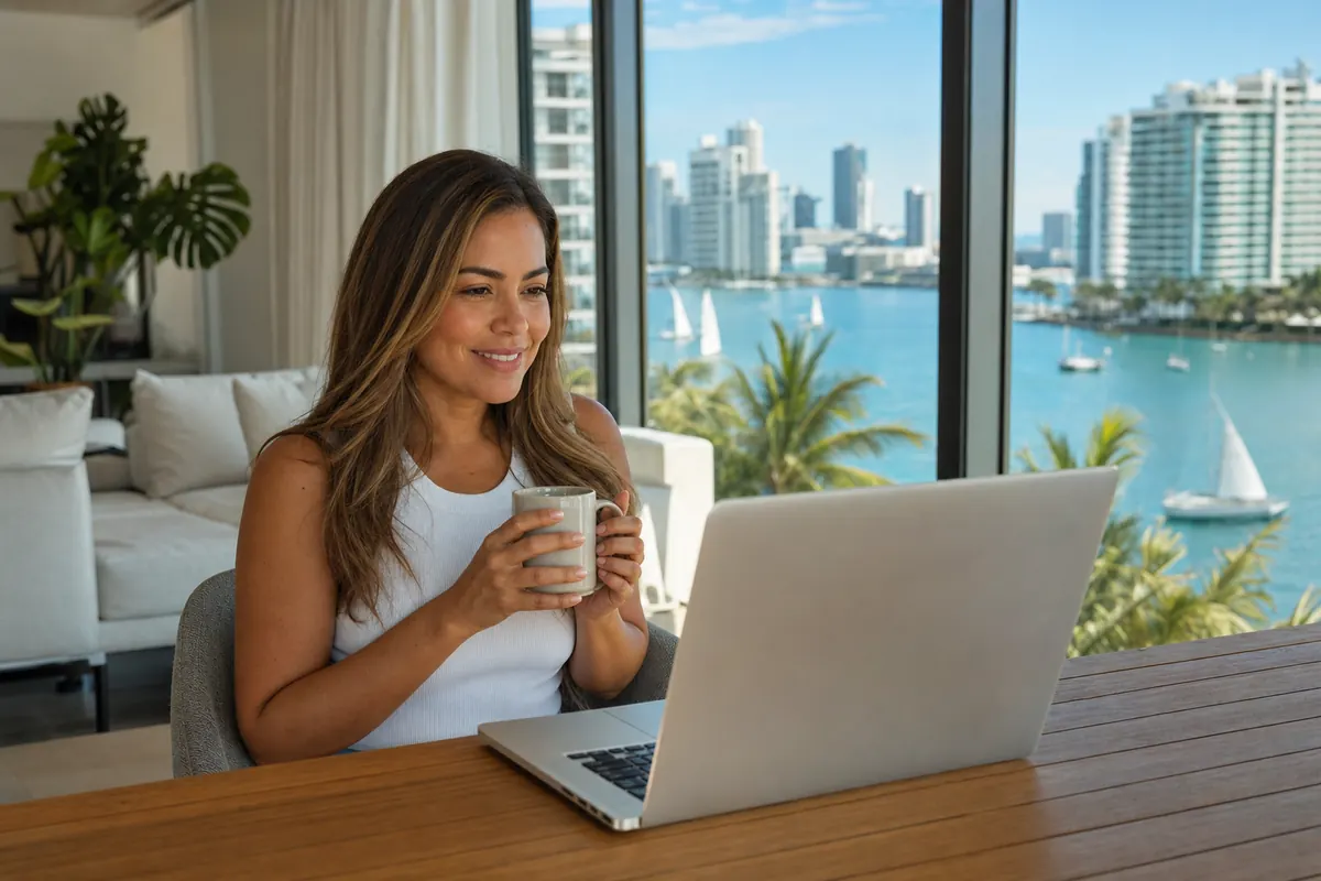 Persona en una sesión de terapia online desde su casa en Miami