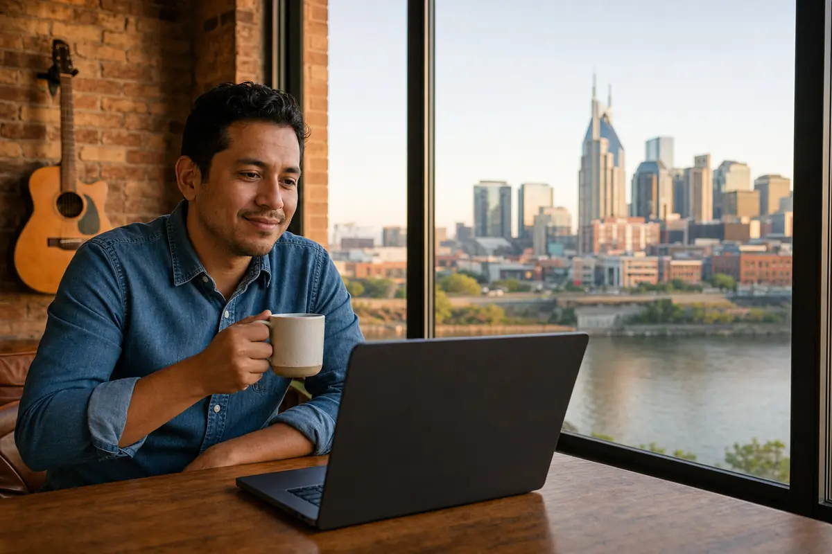 Persona en una sesión de terapia online desde su casa en Nashville