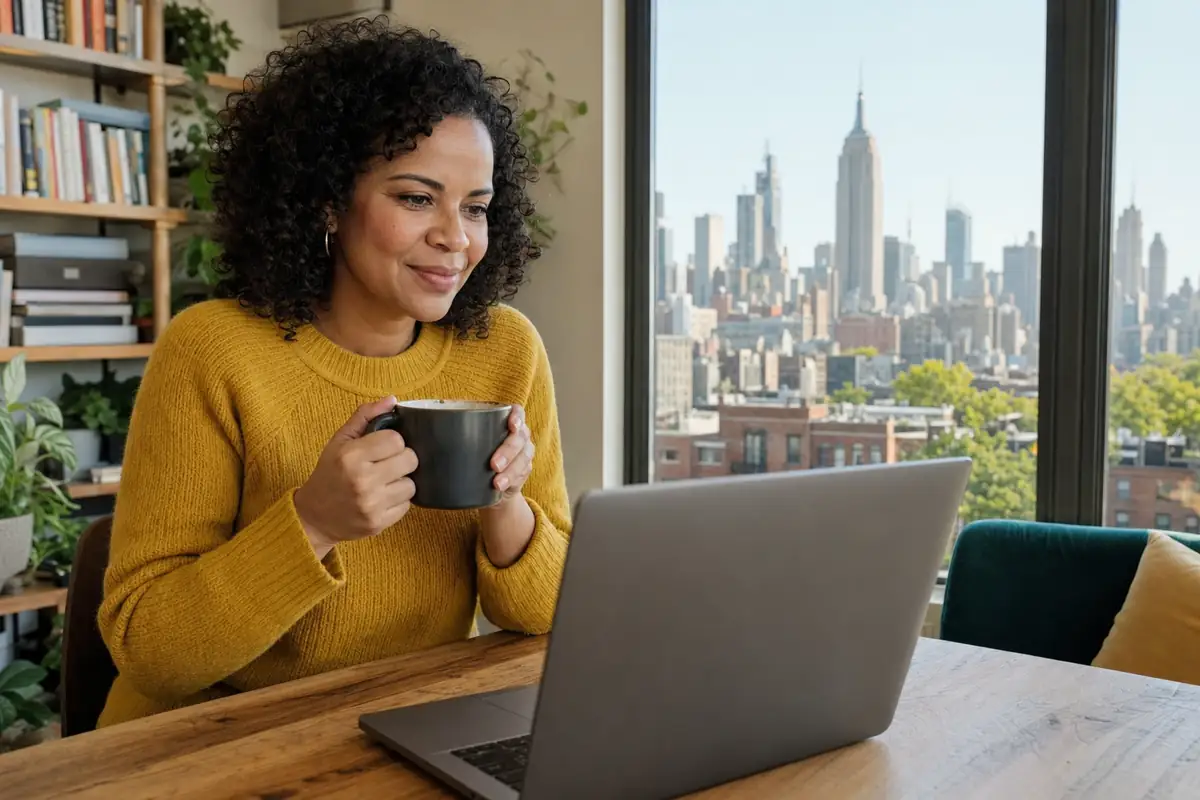 Persona en una sesión de terapia online desde su casa en Nueva York