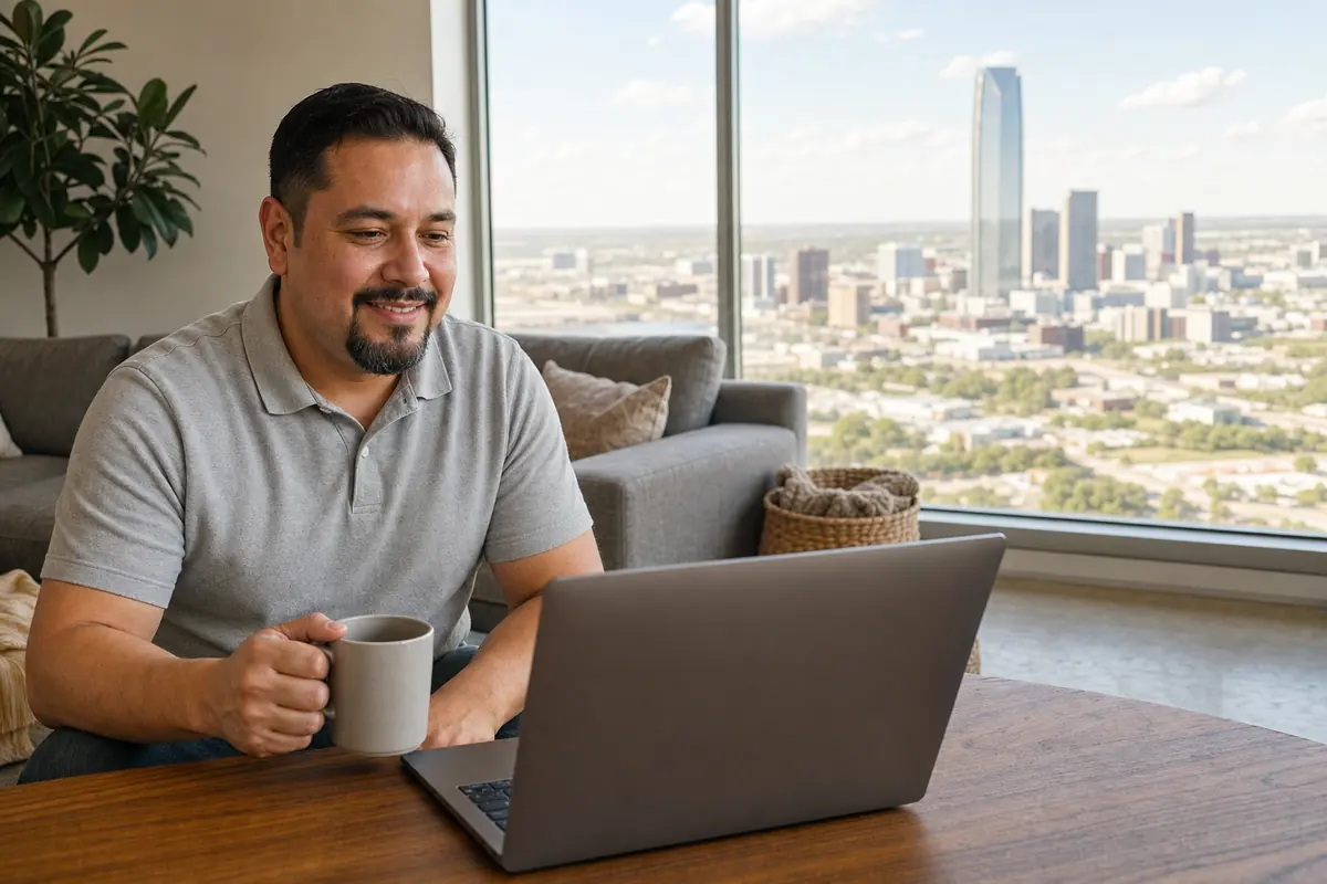 Persona en una sesión de terapia online desde su casa en Oklahoma City