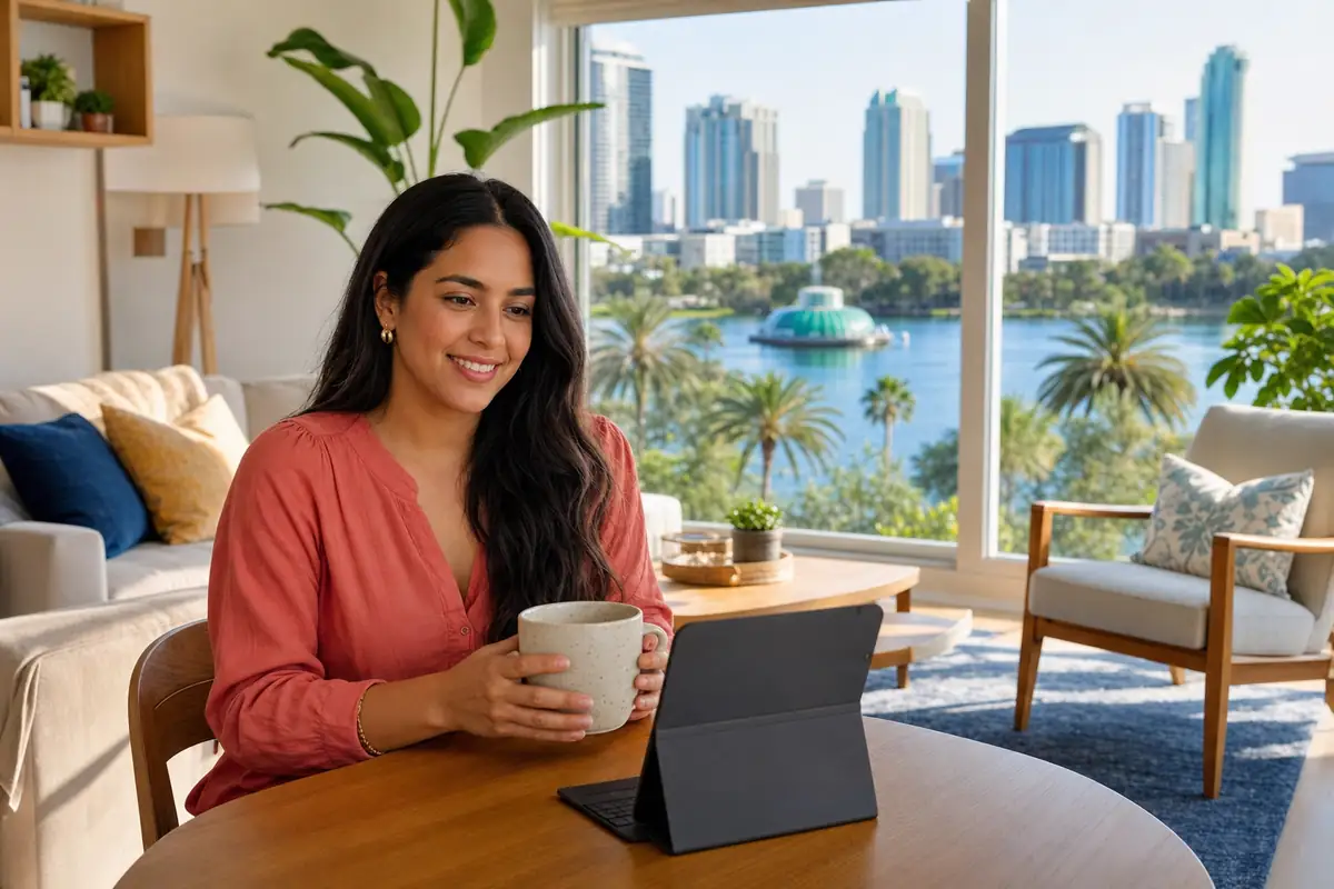 Persona en una sesión de terapia online desde su casa en Orlando
