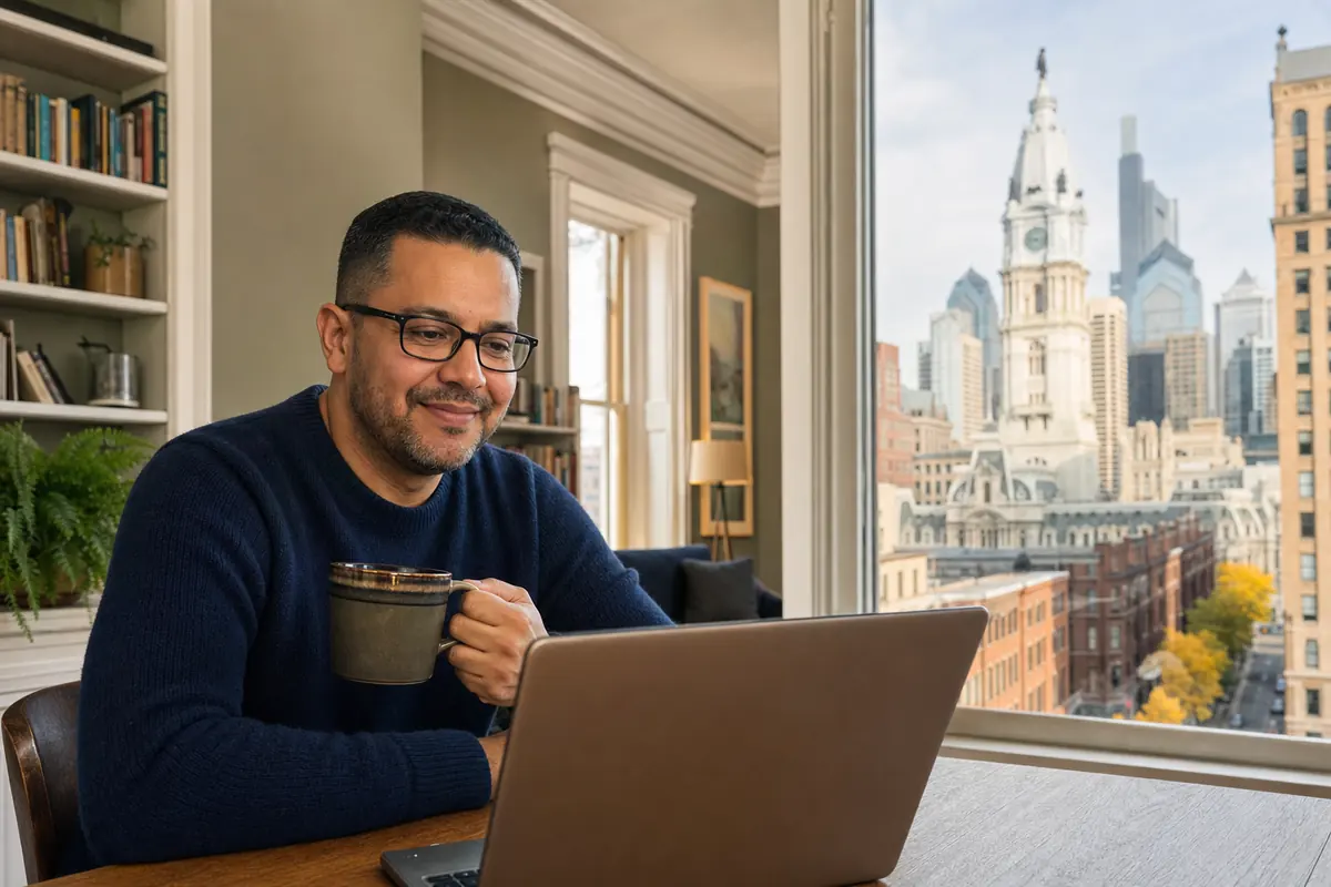 Persona en una sesión de terapia online desde su casa en Philadelphia