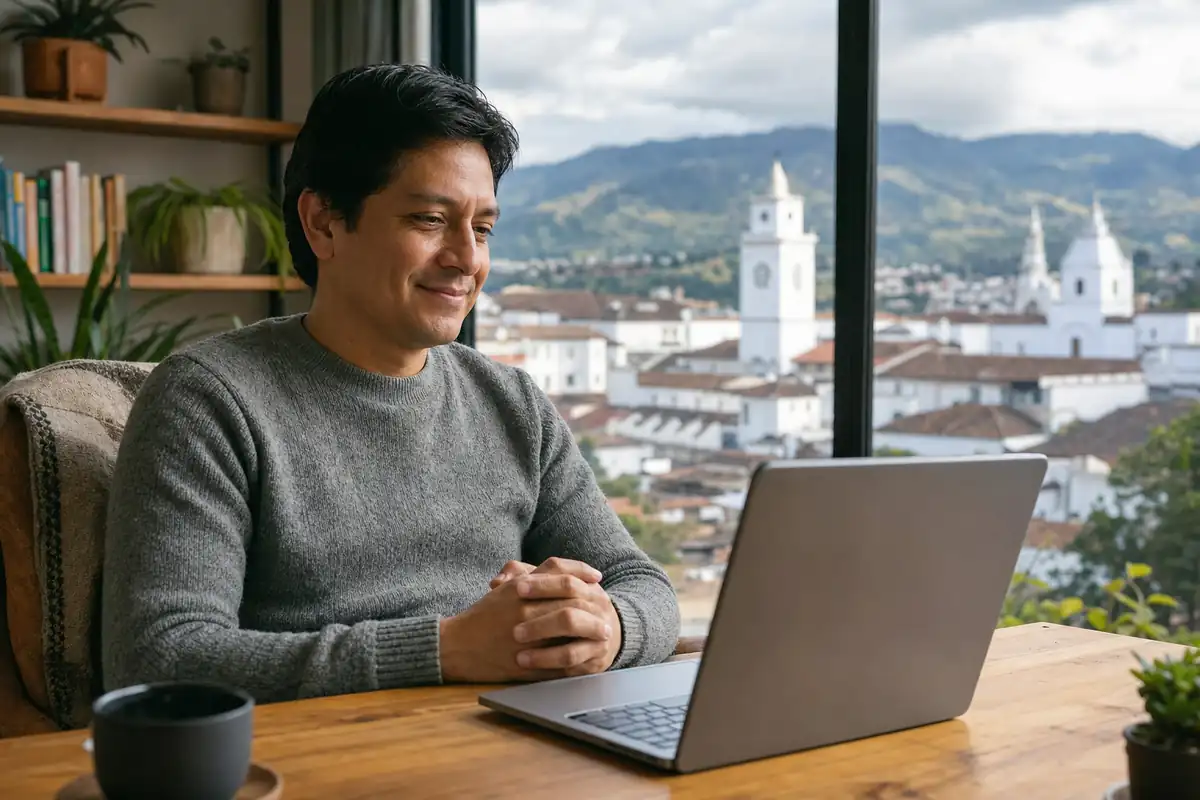 Persona en una sesión de terapia virtual desde su casa en Popayán