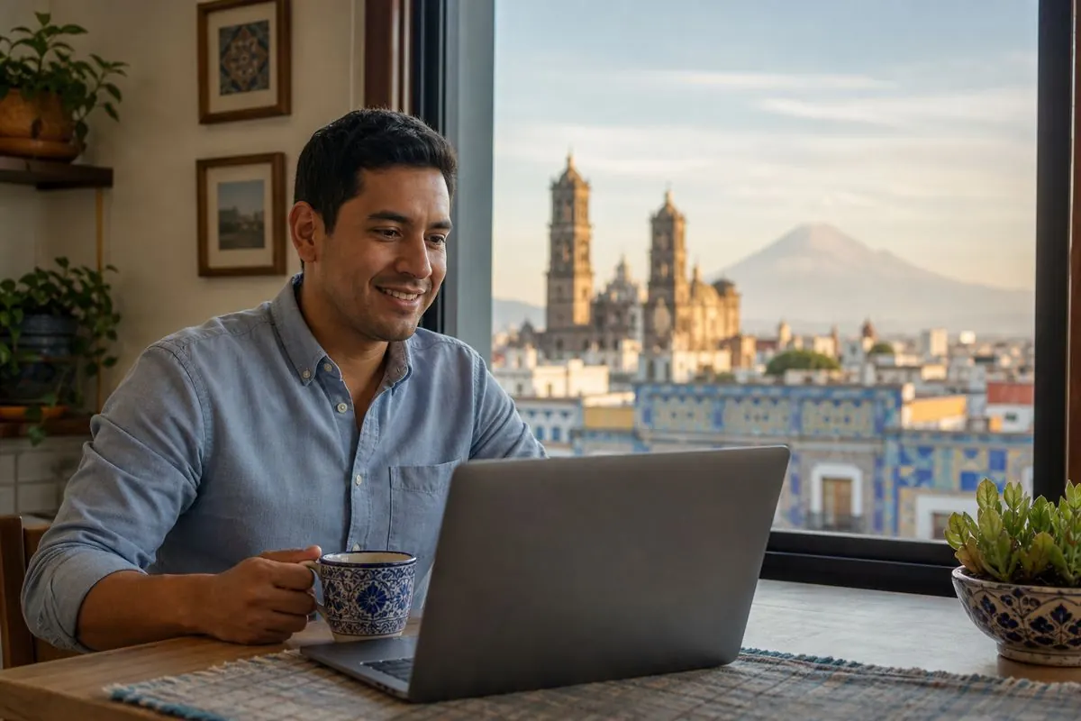 Persona en una sesión de terapia en línea desde su casa en Puebla