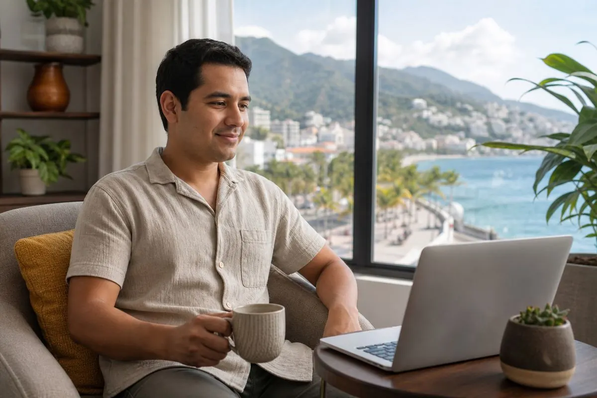 Persona en una sesión de terapia en línea desde su casa en Puerto Vallarta