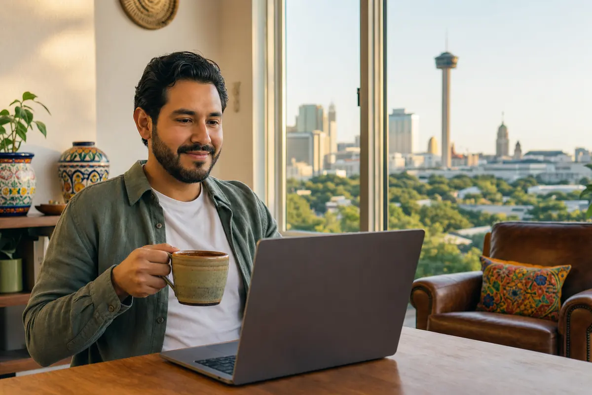 Persona en una sesión de terapia online desde su casa en San Antonio