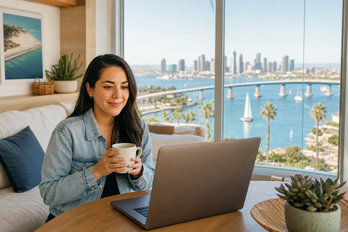 Persona en una sesión de terapia online desde su casa en San Diego