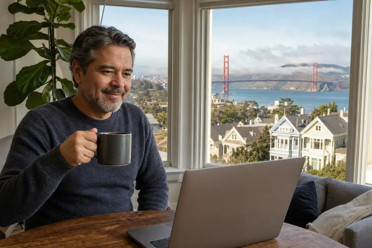 Persona en una sesión de terapia online desde su casa en San Francisco