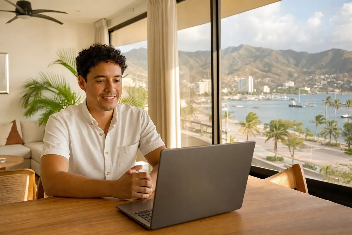 Persona en una sesión de terapia virtual desde su casa en Santa Marta