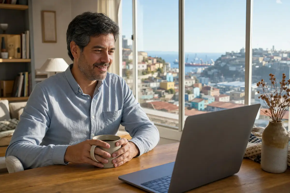 Persona en una sesión de terapia online desde su casa en Valparaíso