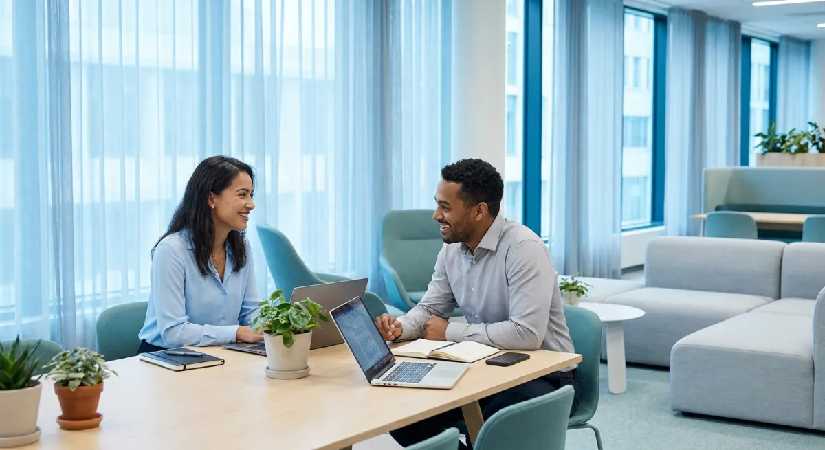 Dos colegas sonriendo mientras conversan y colaboran en una oficina moderna durante su jornada laboral
