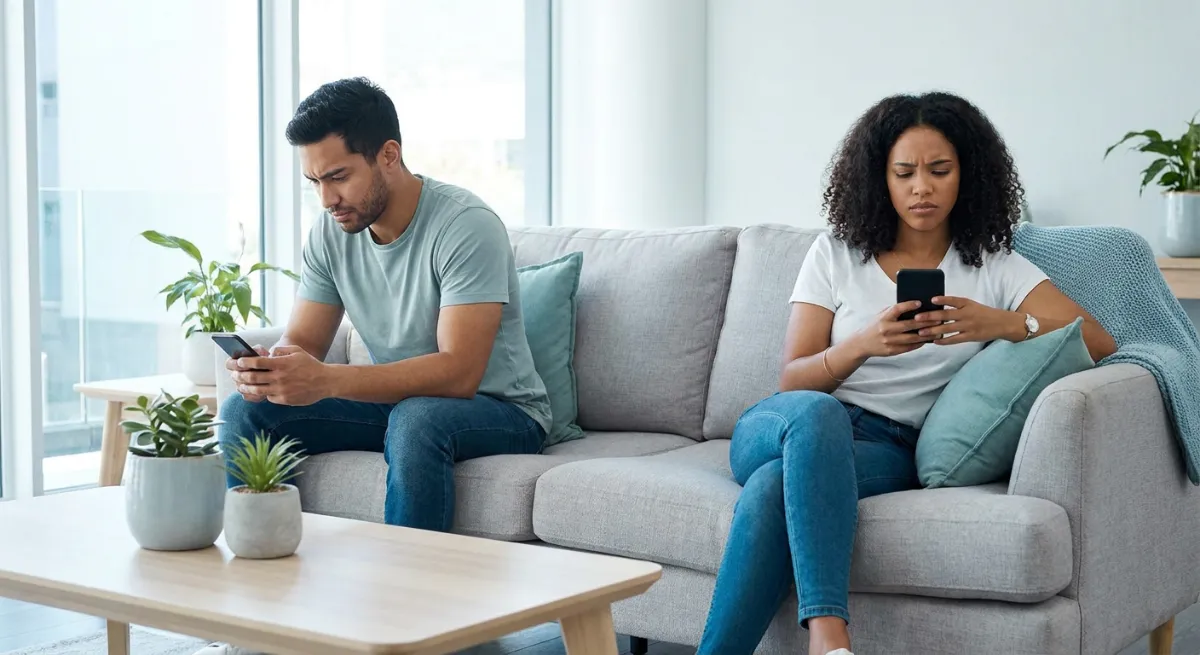 Pareja joven sentada en un sofá mirando sus teléfonos con expresión de preocupación y distancia emocional.